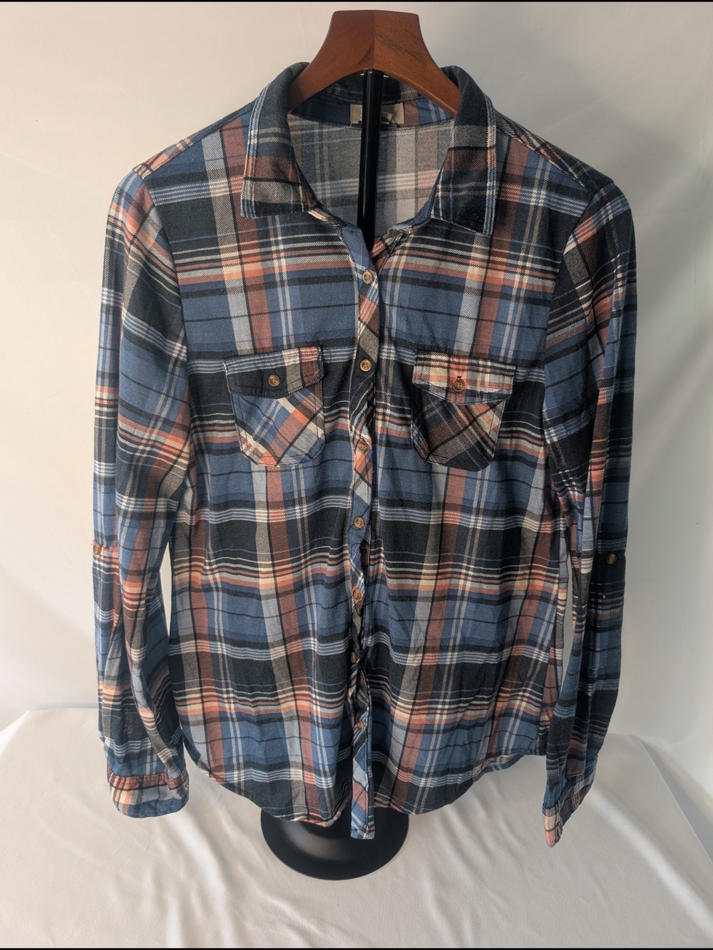 Passport Women's Blue and Brown Plaid Button-Down Shirt Size XL